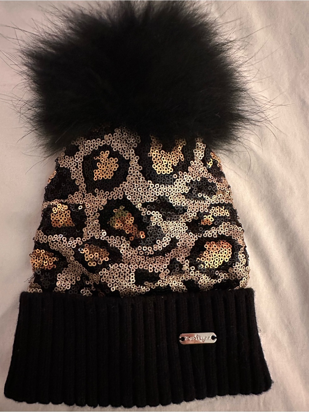 Bari Lynn Stylish Sequin Leopard Pom Beanie - Black